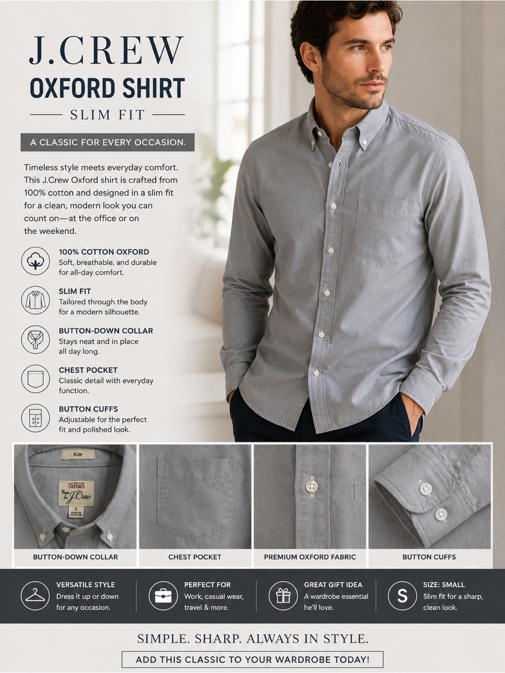 J.Crew Slim Fit Gray Oxford Button Down Shirt – Men’s Small Cotton Dress Shirt